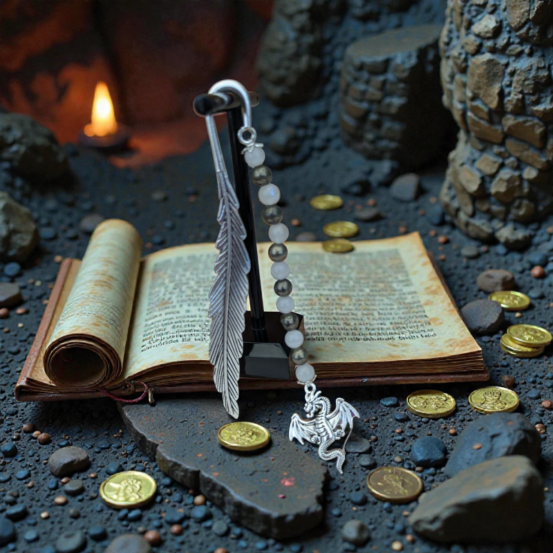Dragon’s Hoard Silver Feather Bookmark | Moonstone & Pyrite Beaded Metal Bookmark