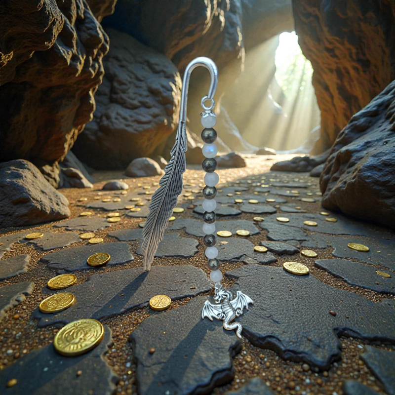 Dragon’s Hoard Silver Feather Bookmark | Moonstone & Pyrite Beaded Metal Bookmark