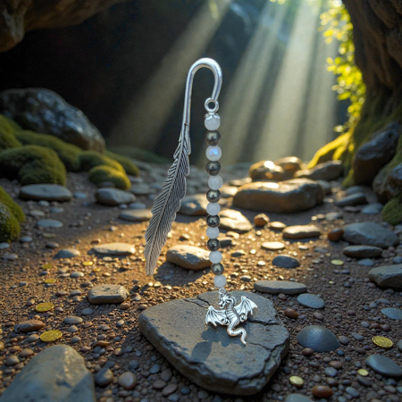Dragon’s Hoard Silver Feather Bookmark | Moonstone & Pyrite Beaded Metal Bookmark