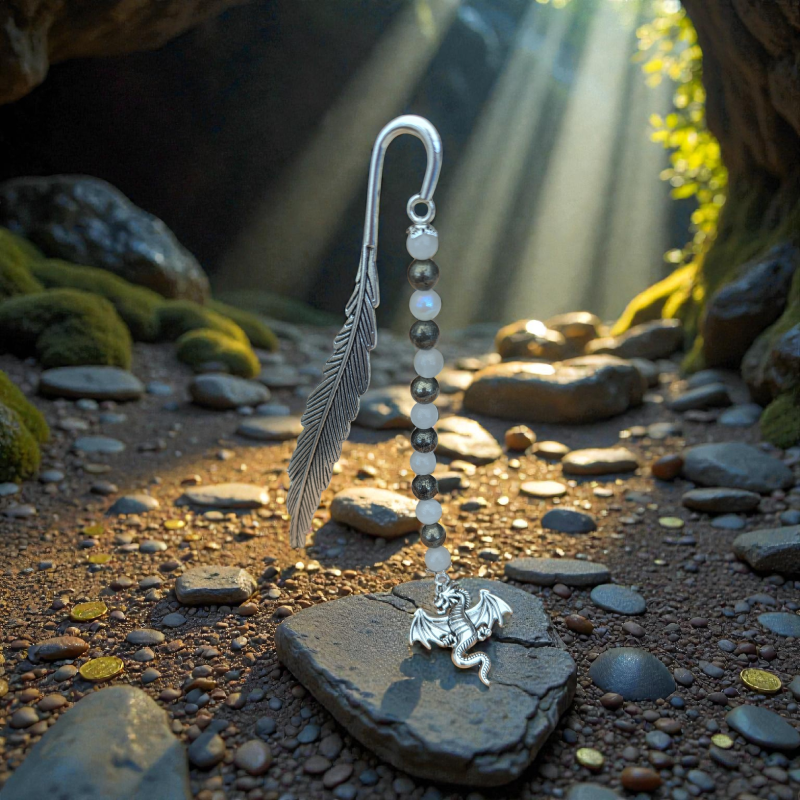 Dragon’s Hoard Silver Feather Bookmark | Moonstone & Pyrite Beaded Metal Bookmark