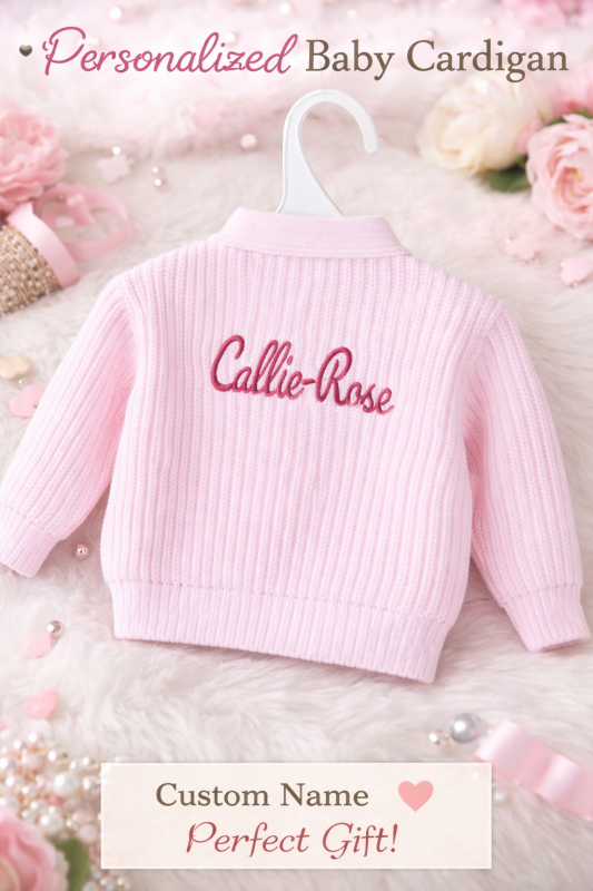 Knitted Baby Cardigan: Custom Embroidered Name, Newborn Gift, Personalised
