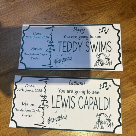 Foiled Personalised surprise concert gift ticket voucher or card for Birthdays, Mothers Day, Fathers Day and special occasions