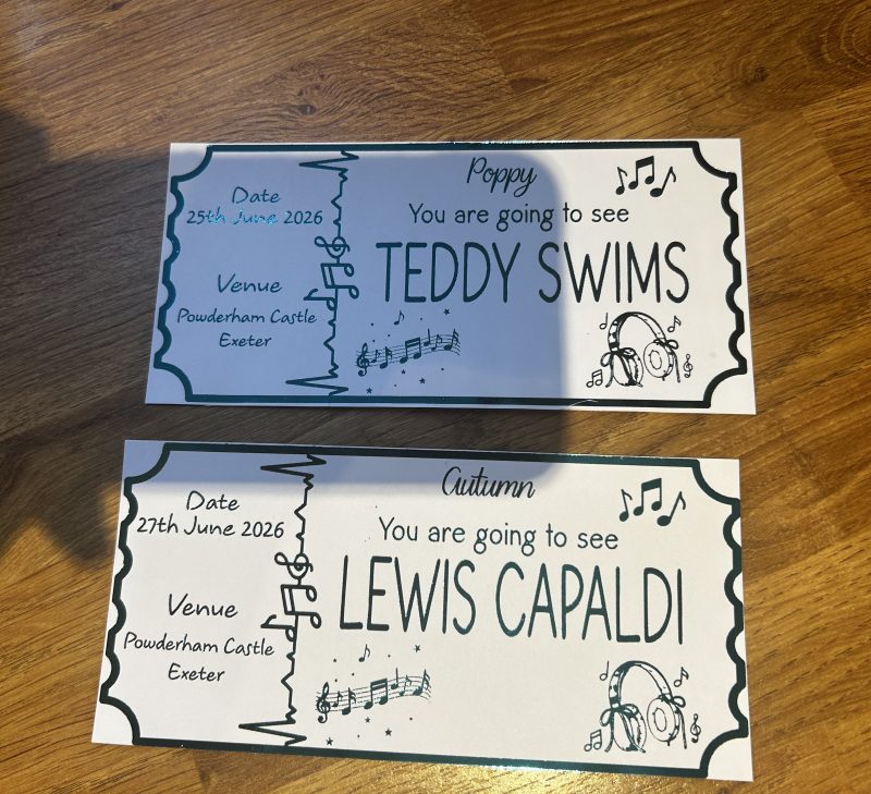 Foiled Personalised surprise concert gift ticket voucher or card for Birthdays, Mothers Day, Fathers Day and special occasions