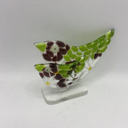 Fused Glass mother and baby bird on a clear glass base