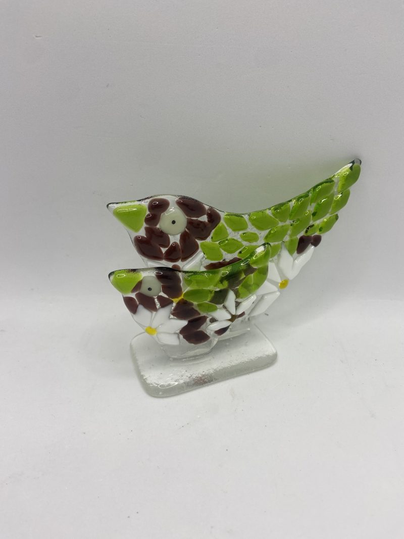 Fused Glass mother and baby bird on a clear glass base