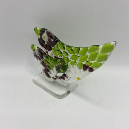 Fused Glass mother and baby bird on a clear glass base