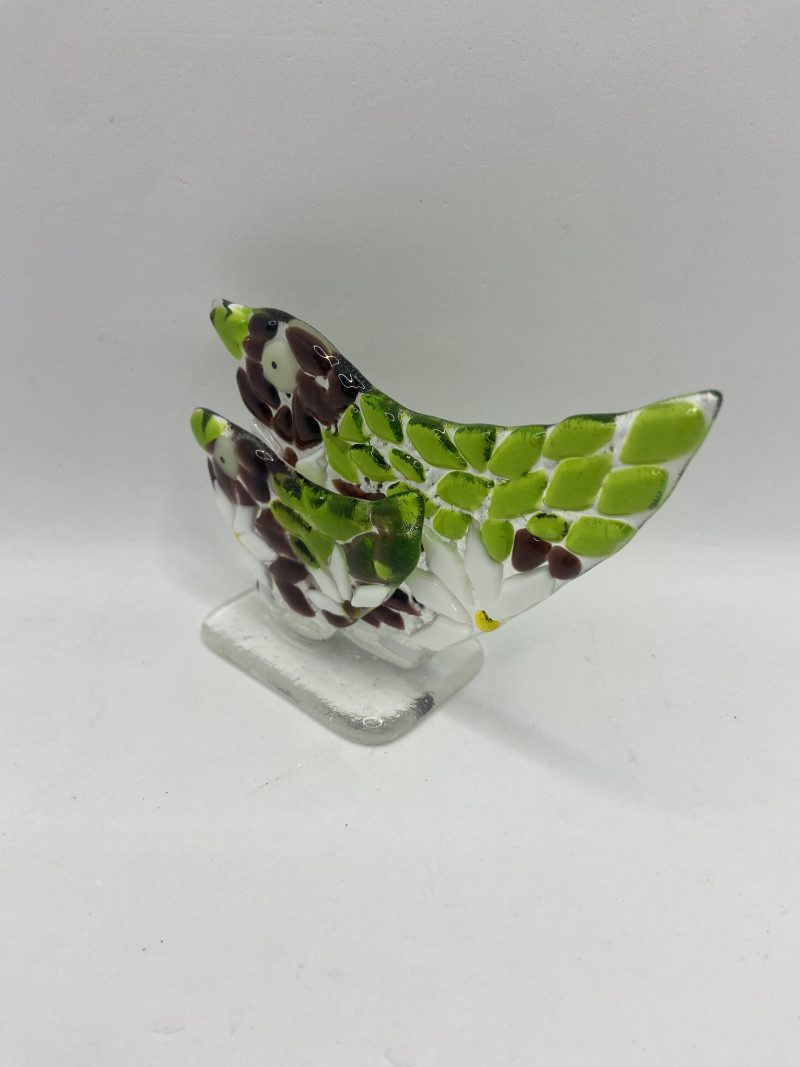 Fused Glass mother and baby bird on a clear glass base