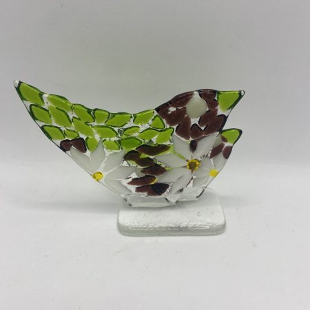 Fused Glass mother and baby bird on a clear glass base