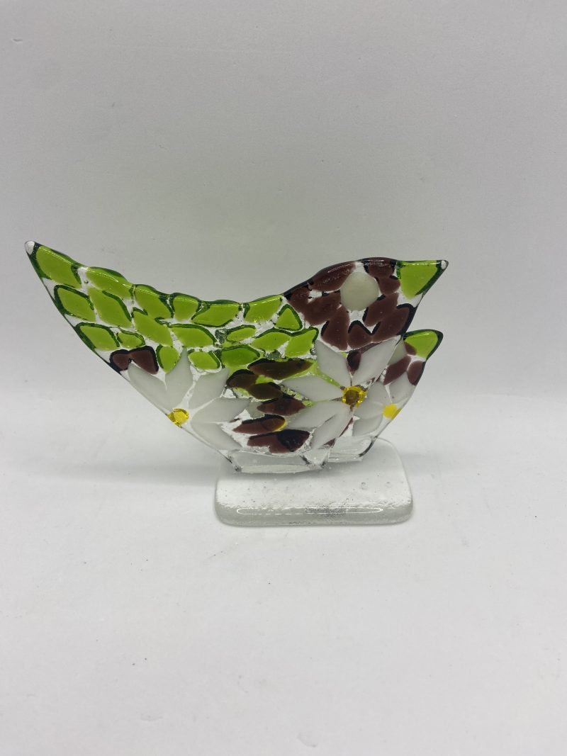 Fused Glass mother and baby bird on a clear glass base