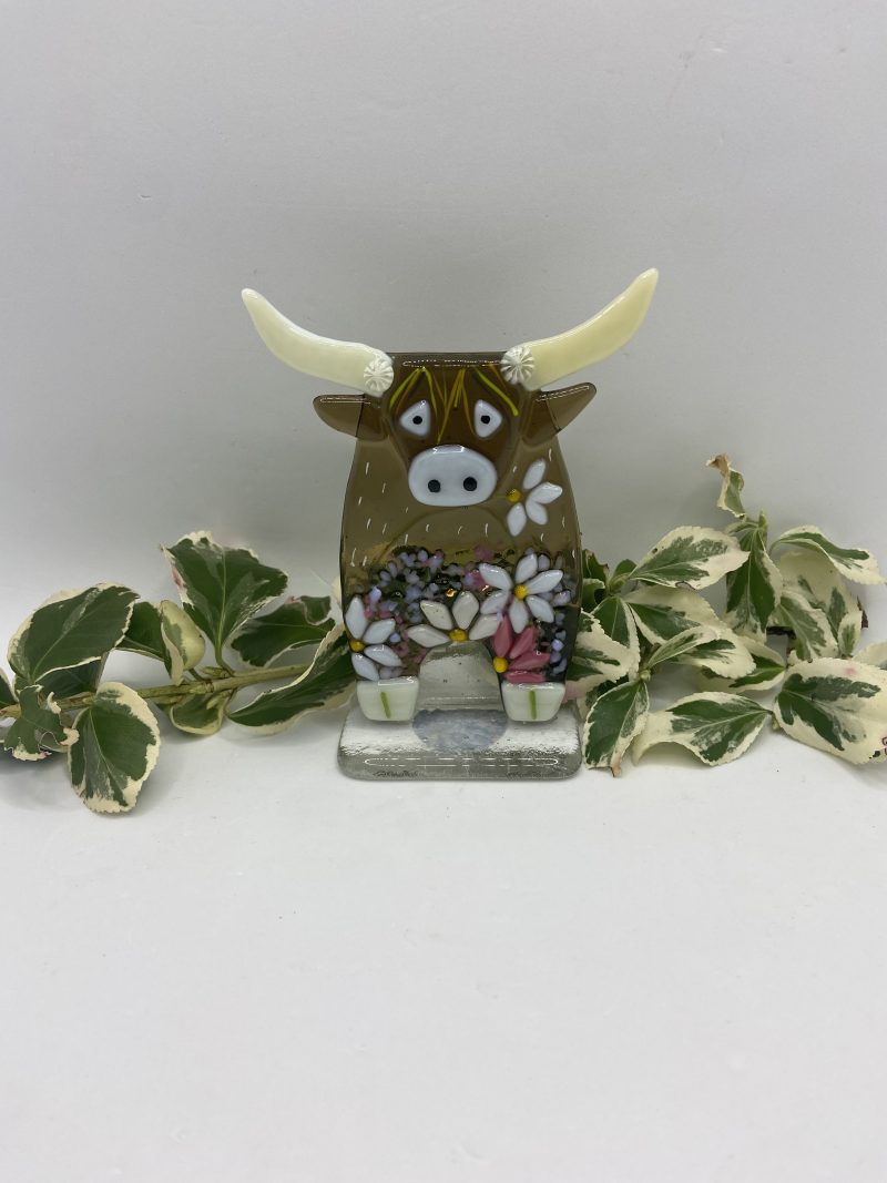 Fused Glass Highland cow with flower detail