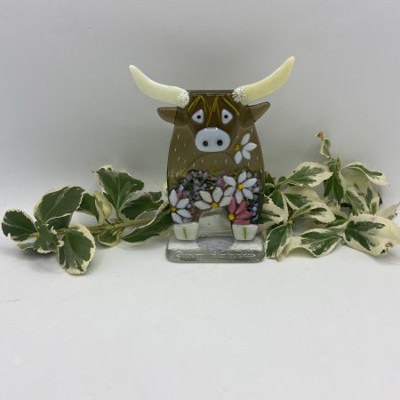 Fused Glass Highland cow with flower detail