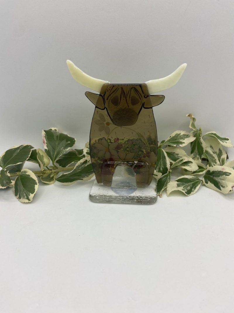 Fused Glass Highland cow with flower detail
