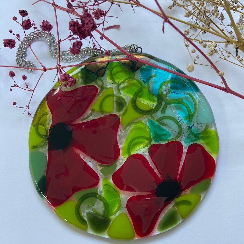 Fused glass poppy inspired sun catcher