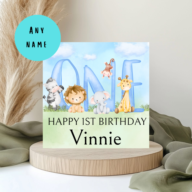 Personalised Jungle 1st Birthday Card – 6x6 Square – Safari Themed First Birthday Card – Custom Name & Age – Boys or Girls