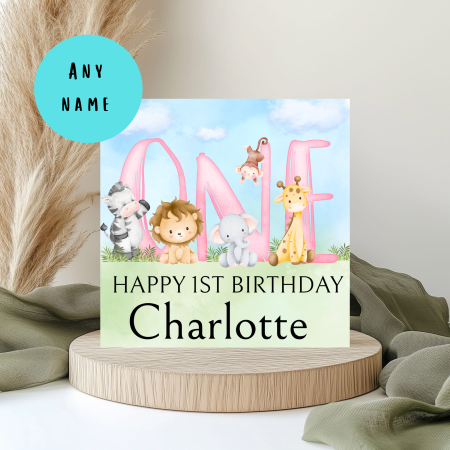 Personalised Jungle 1st Birthday Card – 6x6 Square – Safari Themed First Birthday Card – Custom Name & Age – Boys or Girls
