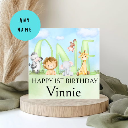 Personalised Jungle 1st Birthday Card – 6x6 Square – Safari Themed First Birthday Card – Custom Name & Age – Boys or Girls