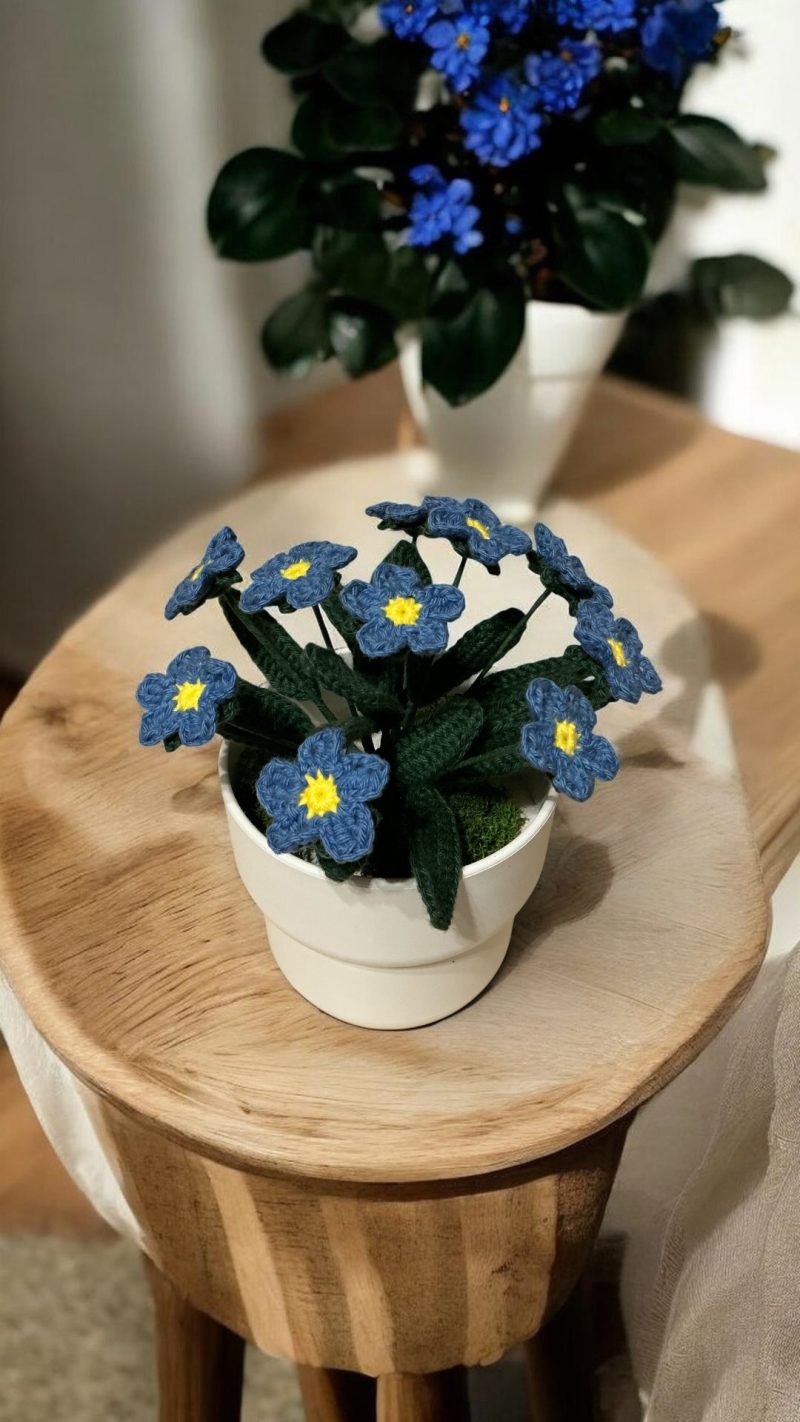 Handmade Crochet Forget-Me-Not flower Plant in Blue, Yellow and Green