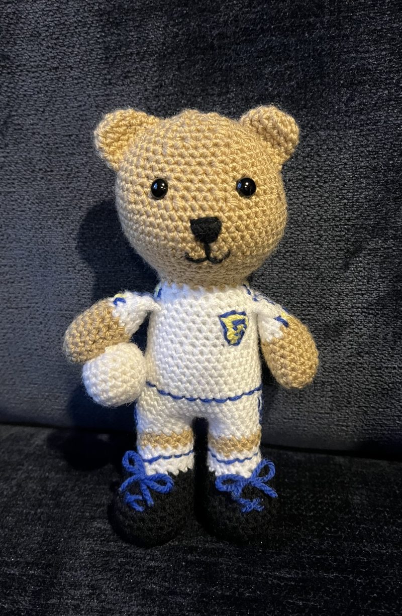 Crocheted football or rugby bear