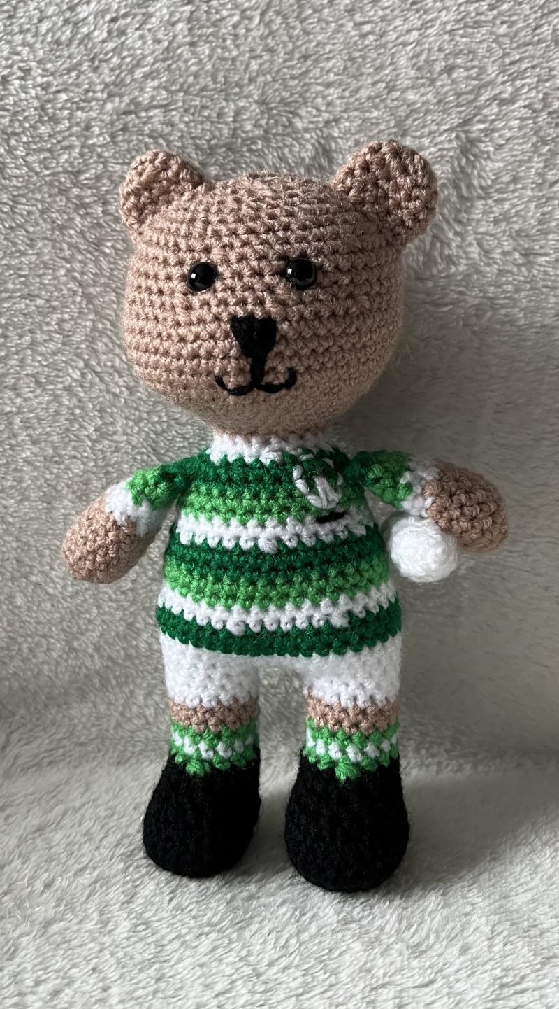 Crocheted football or rugby bear