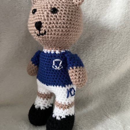 Crocheted football or rugby bear