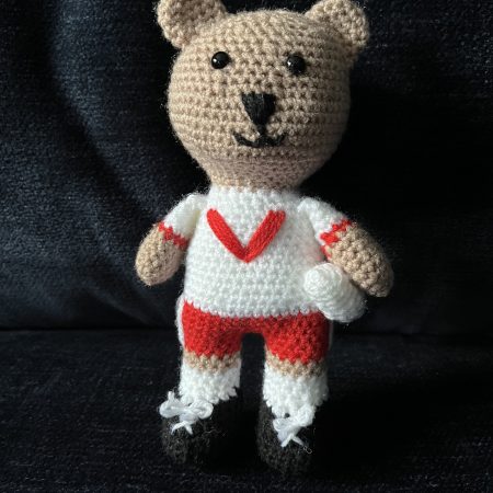 Crocheted football or rugby bear