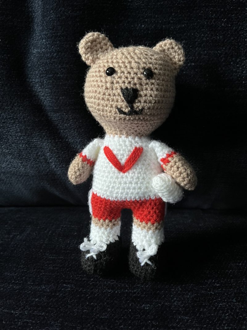 Crocheted football or rugby bear