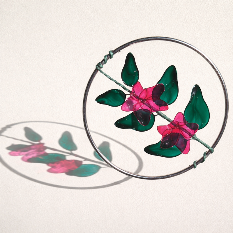 Glass Resin Wire Art Stems In Hanging Hoop Suncatcher