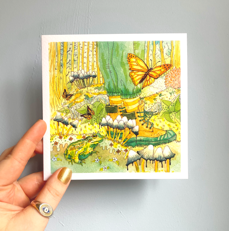 Walk in the Woods | Greetings Card | Forest Scene | Hiking | Waling Boots & Frog | Blank Inside