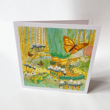 Walk in the Woods | Greetings Card | Forest Scene | Hiking | Waling Boots & Frog | Blank Inside