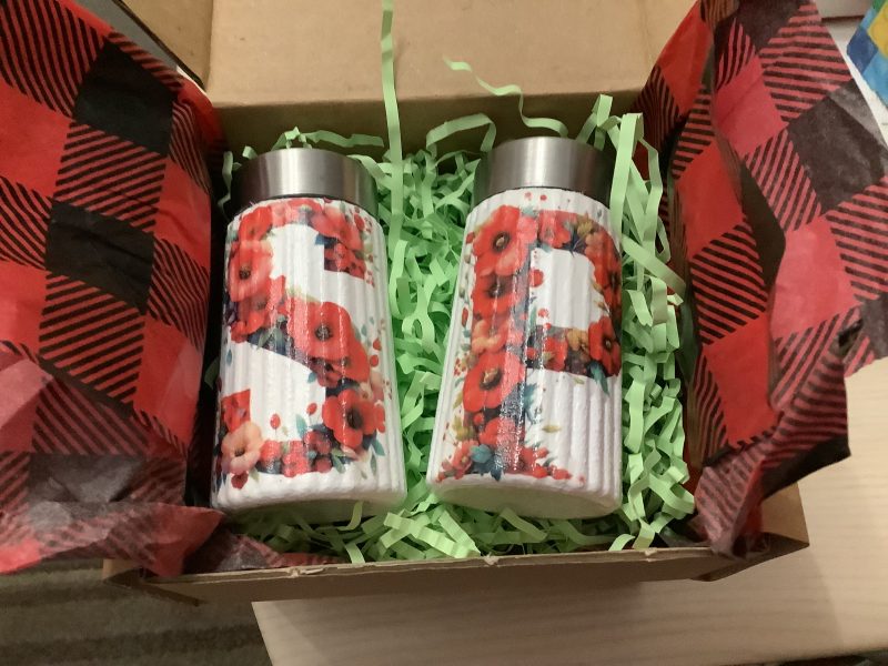 Decoupaged Salt and Pepper Pots with Red Poppies, Gift Boxed