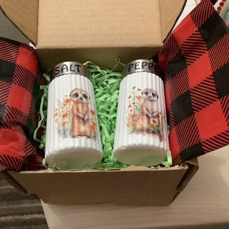 Decoupaged Glass Salt and Pepper Pots with Meerkat Designs