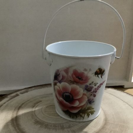 Decoupaged tea bag bucket with floral and bee design