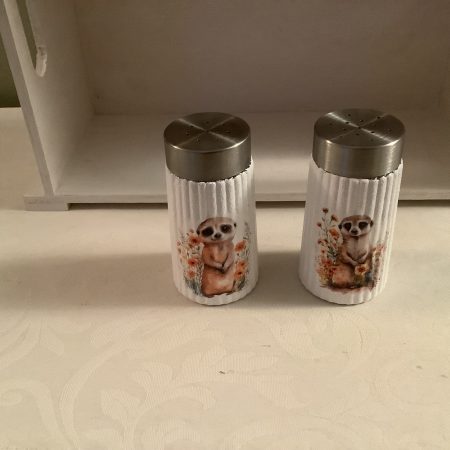 Decoupaged Glass Salt and Pepper Pots with Meerkat Designs