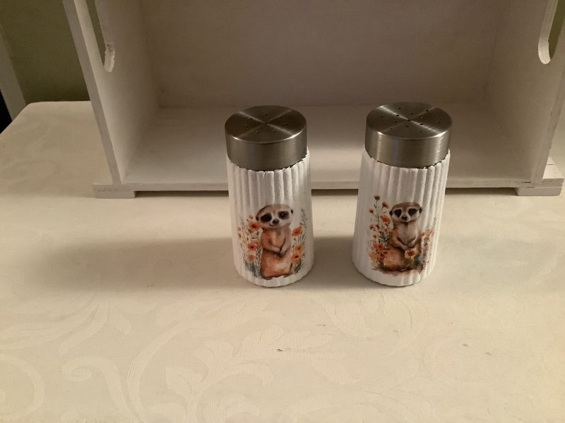 Decoupaged Glass Salt and Pepper Pots with Meerkat Designs