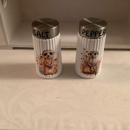 Decoupaged Glass Salt and Pepper Pots with Meerkat Designs