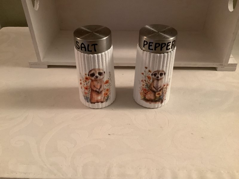 Decoupaged Glass Salt and Pepper Pots with Meerkat Designs