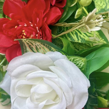 40cm Red and White Artificial Flower Wreath with Green Foliage on a Rattan base