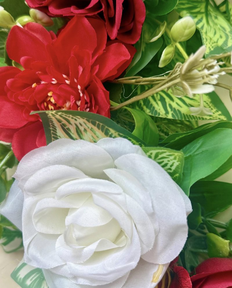 40cm Red and White Artificial Flower Wreath with Green Foliage on a Rattan base