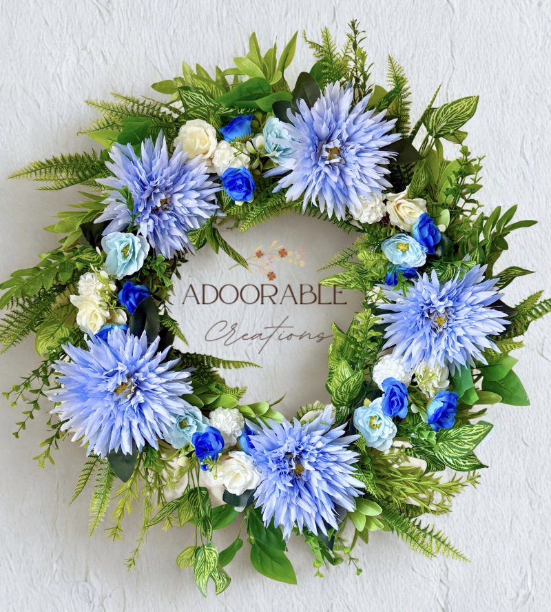 55cm Handmade Wreath with Blue and White Artificial Flowers