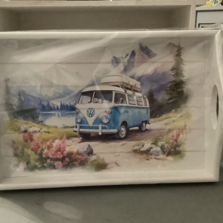 Decoupaged Camper Van Sofa Tray with Spring Loaded Legs