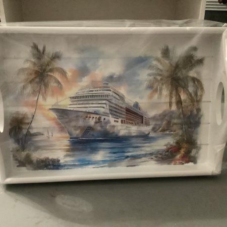 Decoupaged Sofa Tray with Cruise Ship Image and Spring-Loaded Legs
