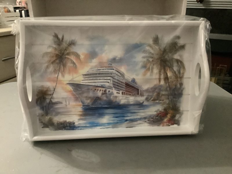 Decoupaged Sofa Tray with Cruise Ship Image and Spring-Loaded Legs