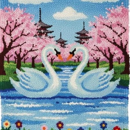 Rug Making Latch Hooking Kit | Cherry Blossom Swans (87x61cm Printed Canvas) “NEW”