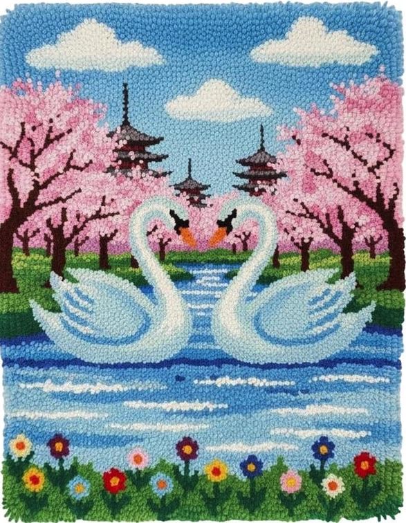 Rug Making Latch Hooking Kit | Cherry Blossom Swans (87x61cm Printed Canvas) “NEW”