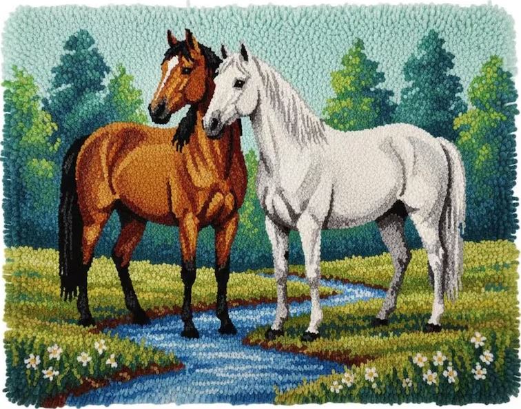 Rug Making Latch Hooking Kit | Elegant Horses (87x61cm Printed Canvas) “NEW”