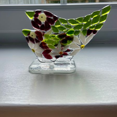 Fused Glass mother and baby bird on a clear glass base