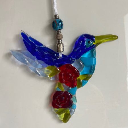 Fused glass hummingbird with rose detail