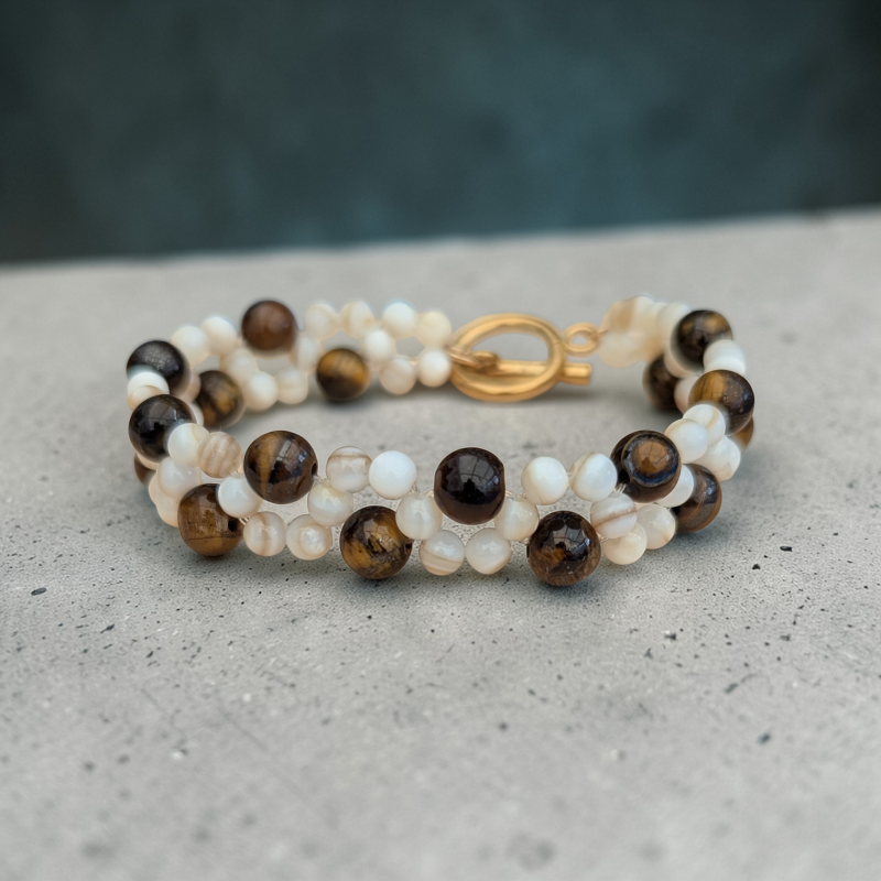 The Gaia Bracelet: Tiger’s Eye & Mother of Pearl Woven Gemstone