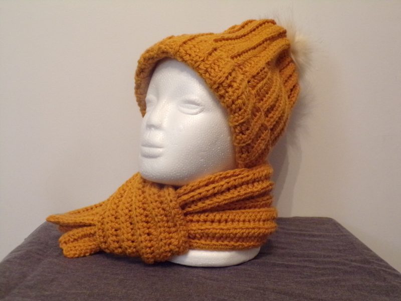 Warm and cosy hat & scarf set – crocheted by hand (Mustard Yellow)