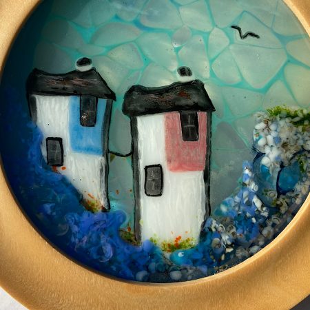 Wooden framed fused glass harbour scene